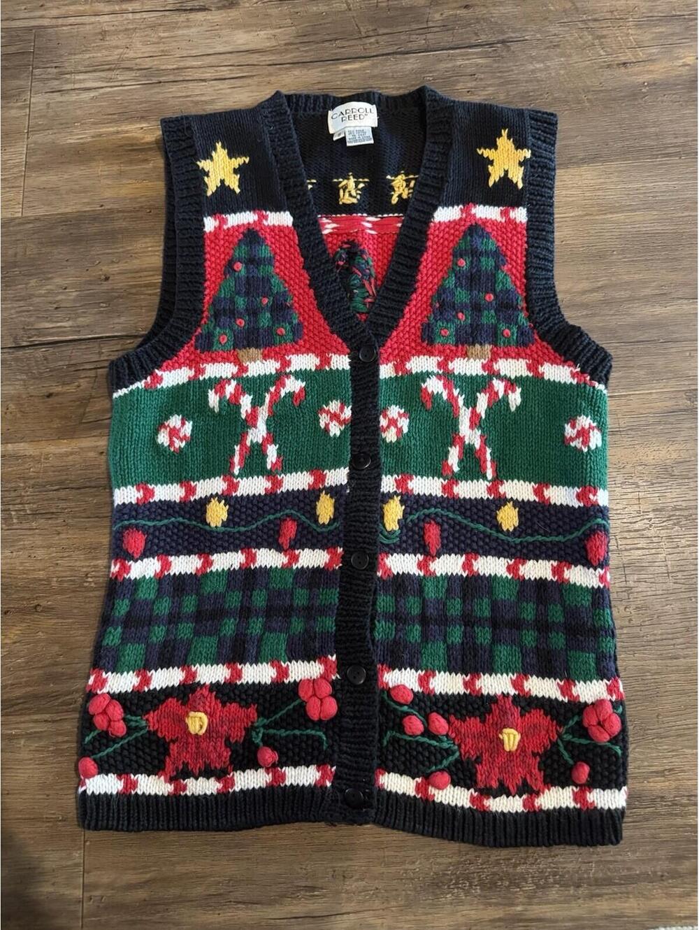 Vintage Carroll Reed Christmas 3D Candy cane Tree Star Sweater Vest Size Small